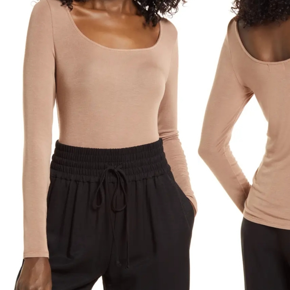 Open Edit Semi Sheer Long Sleeve Knit Top